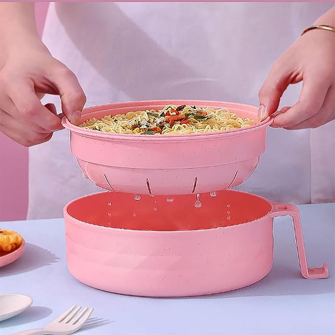 OZY Microwave Ramen Bowl，Ramen Noodle Cooker with Spoon Chopsticks Fork，Ramen Cooker with Handles，College Dorm Room Essentials，BPA-Free (Pink)