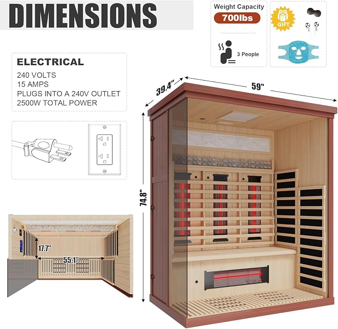 MEISSALIVVE Full Spectrum Sauna for Home, 3 Person Indoor Infrared Sauna with 10 Minutes Warm-up Heat, Red Cedar Home Sauna with Bluetooth and Tempered Glass