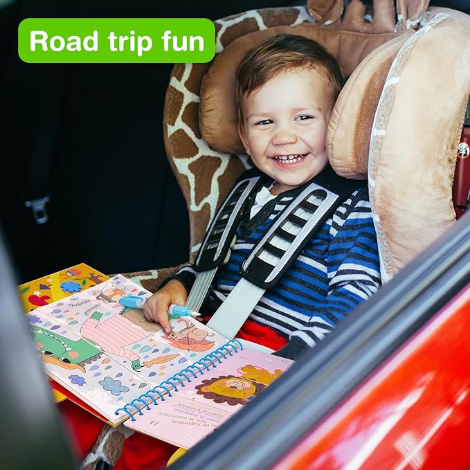 Avenir Reusable Water Coloring Book for Toddlers 3-5 Years, Road Trip & Airplane Mess-Free Portable Educational 4 in 1 Creative Set Water-Reveal Paint Activity Doodle Pad Kids Art Crafts