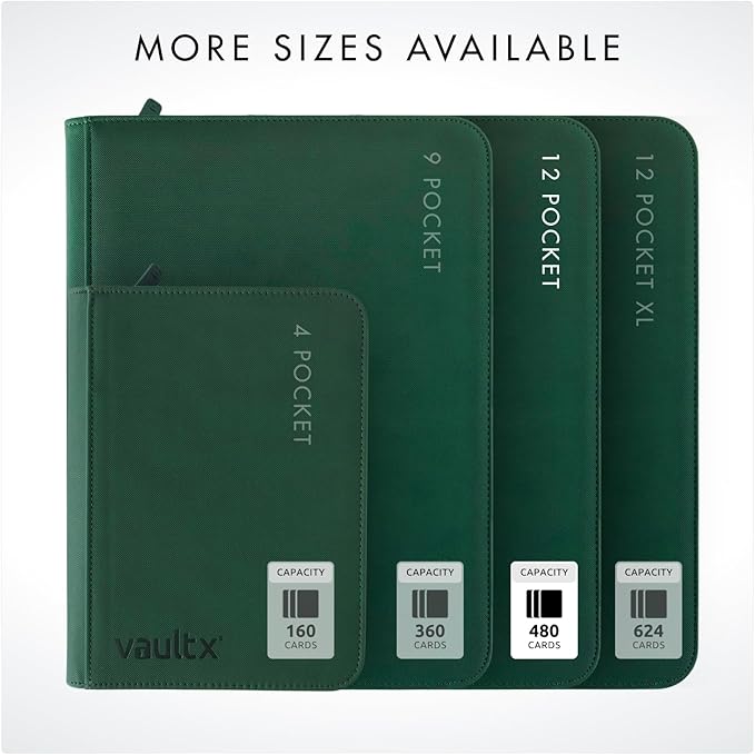 Vault X 12 Pocket Zip Binder, 480 Cards, Exo-Tec Material, 20 Side-Loading Pages (Green)