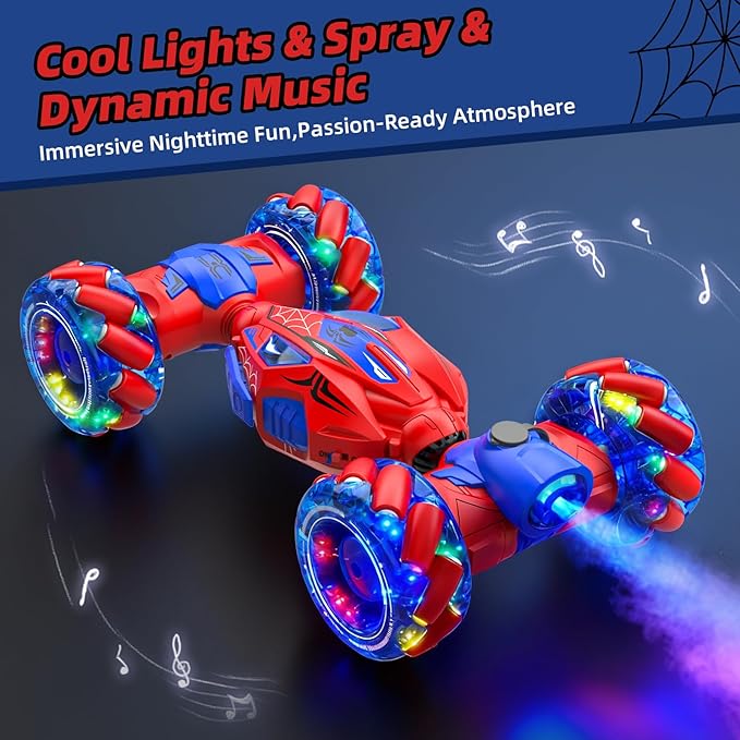Unique 4WD 360° Rotating Gesture Sensing RC Stunt Car, Double‑Sided Driving RC Drift Car with Lights, Music & Spray, Kids Outdoor Cars Toys for Ages 6-12, Gifts for Boys 6-12,2 Replaceable Batteries