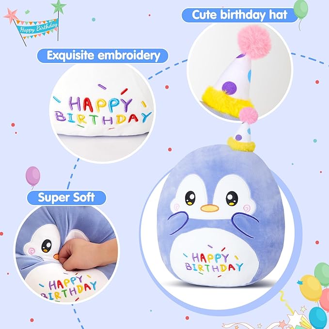 13“ Birthday Penguin Plush Pillow,Penguin Stuffed Animal, Soft Plushies Pillow Toys, Cute Happy Birthday Plush Toy Gifts for Kids Party Decor
