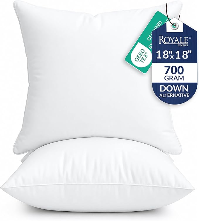 ROYALE LINENS 18 x 18 Pillow Insert - Down Alternative Throw Pillows Insert - Square Pillow Pack of 2 White - Bed & Couch Pillows - Inner Cushion for Bed, Cushion for Living Room - Shams Stuffer