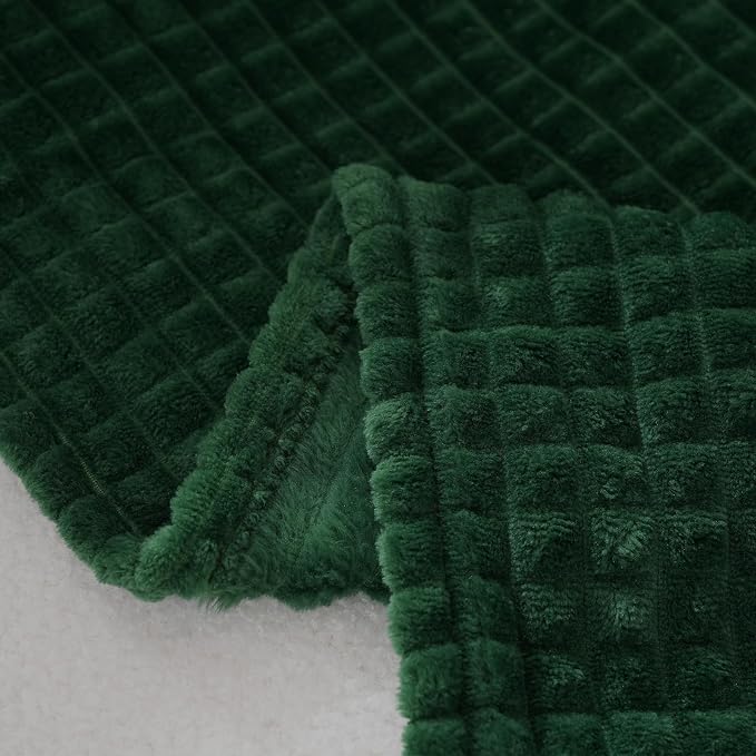Puncuntex Fleece Throw Blanket Dark Green 60"×80" with Square Grid Design | Super Soft Plush Cozy Flannel Throw Blanket Luxury for Couch Sofa Chair