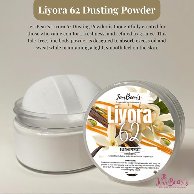 Liyora 62 Dusting Powder for Women, 4oz Jar | Talc Free Body Formula, Soft Scented Skin Care, Gentle Powder for Daily Freshness, Includes Puff Application