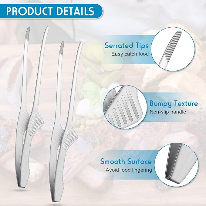 Patelai 4 Pieces Korean and Japanese BBQ Tongs Non Slip Cooking Utensils Stainless Steel Tongs for Serving Food, Salad, Camping, Barbecue, Buffet, Oven with Support Stand (Silver)