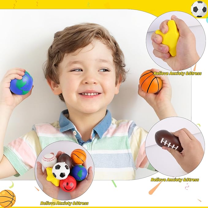 60 Pcs Sports Balls Bulk Kids Small Mini Stress Ball for Party Favor Toy, Including Basketball, Baseball, Football, Globe, Soccer, Star, Smile for Stress Relief School Prizes Carnival Fillers Gift