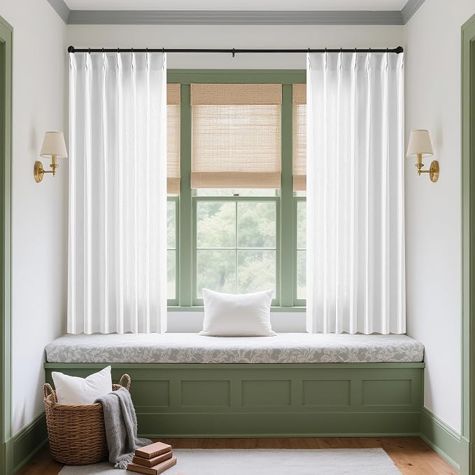 TWODRAPES Snow White Pinch Pleated Linen Curtains 63 Inch Length 2 Panels | for Dining Living Room Bedroom Window, Memory Shape Trained, 400GSM Fabric, Semi Sheer, Pinch Pleat with Hooks Rings 40x63