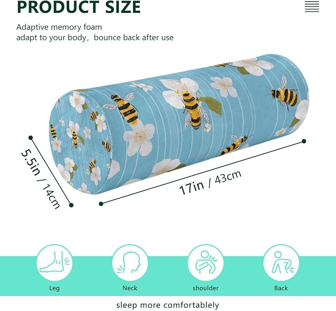 Blue Sakura and Bees Neck Roll Pillow Bolster Round Health Memory Foam Long Cervical Cylinder Pillows with Removable Washable Cover for Body Bed Legs Back Yoga