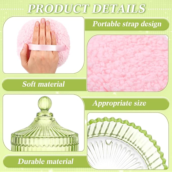 Extra Large Body Powder Puff and Container, 5.5'' Crystal Container with 5.3'' Oversize Dust Powder Puff Washable Reusable Face Body Glitter Wet Dry Makeup Gift(Green)