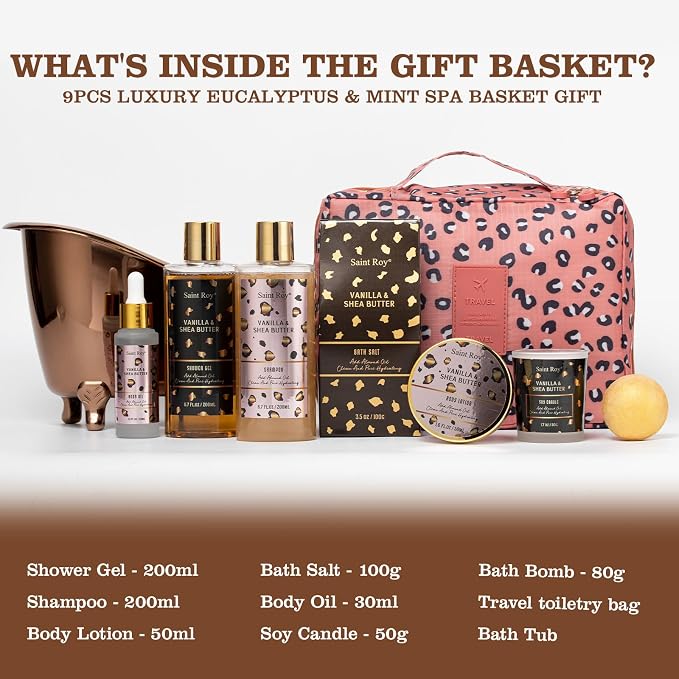 Warm Vanilla Spa Gifts for Women, Spa Bath & Body Gift Basket Skin Care Kit | Home Spa Gift Set, Home Spa Self-Care Kit, Travel Multi-use toiletry bag, Birthday, Christmas, Mother Day, Anniversary Gifts