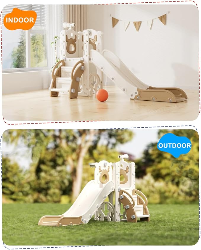 YUFU 7 in 1 Kids Slide for Toddlers, Toddler Slide Playset with Golf, Climber, Basketball Hoop and Ball, Indoor Outdoor Toddler Playground for Kids Age 1-3 (Brown)