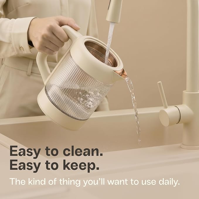 Viante Nina Electric Tea Kettle with Infuser, No Plastic In Contact With Water, 1.5L Borosilicate Glass, 304 Stainless Steel, 4 Temp Presets, Keep Warm, Cordless, Auto Shut-Off, Beige