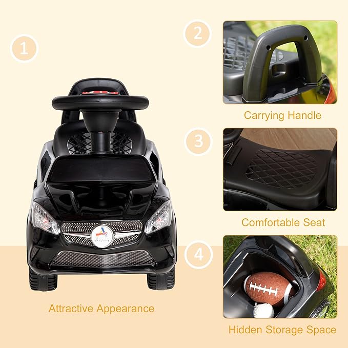 Aosom Kids Ride On Push Car, Foot-to-Floor Walking Sliding Toy Car for Toddler with Working Horn, Music, Headlights and Storage, Black
