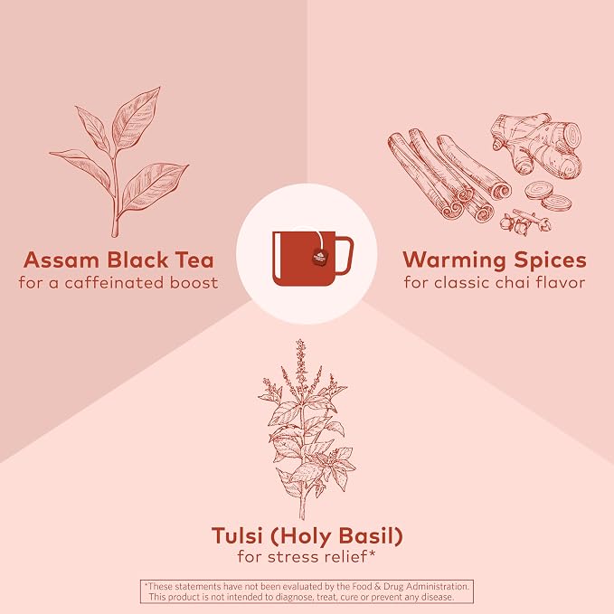 ORGANIC INDIA Tulsi Masala Chai Tea Bags - Holy Basil, Black Tea, Spices with Ginger, Stress Relieving, Immune Support, USDA Certified Organic, Antioxidant, Caffeinated - 18 Infusion Bags, 3 Pack