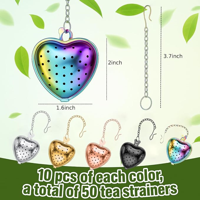 Sumind 50 Pcs Stainless Steel Tea Strainer Ball Infuser Loose Leaf Steeper Interval Diffuser Heart Shape Mesh Filters with Extended Chain Hook for tea party Seasonings Cup Bottle (Multicolor)