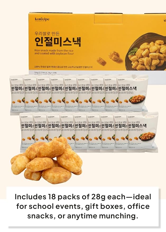 Korean Food Shinwhadang Injeolmi Rice Snack, Soybean Coating, 0.99 oz* 18Pk | Crispy Korean sweet rice snack coated with roasted soybean powder in 18 individual packs