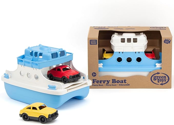 Green Toys Ferry Boat with Mini Cars Bathtub Toy, Blue/White, Standard
