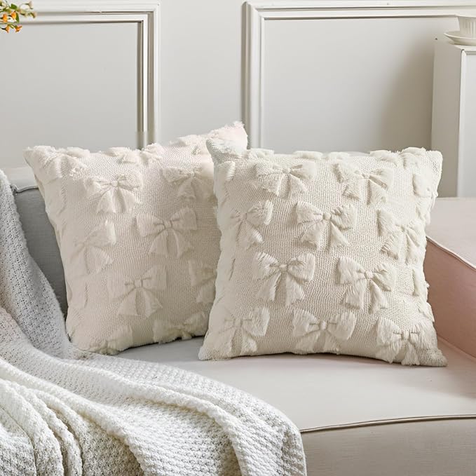 Mixweer Beige Bow Pillow Covers Set of 2 Preppy Room Decor Coquette Cute Spring Summer Decorative Faux Fur Soft Bowknot Stuff Fluffy Plush Aesthetic Pillowcase for Bed Sofa Couch (18 x 18 Inch)