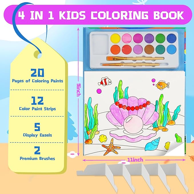 20 Pages Coloring Books for Kids Ages 4-8, 12 Color Strips Water Color Paint Sets, Arts and Crafts Drawing Activities Party Favors for Kids 3-5, Toys Birthday Gifts for Boys Girls