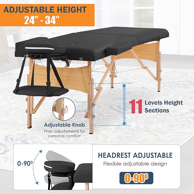 BestMassage Massage Bed Portable Massage Table 2 Folding Lash Bed Height Adjustable 28 Inch Wide Spa Table with Non-Woven Bag for Spa Footmassage Facial CareSpa Tattoo