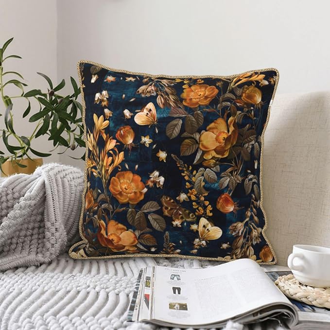 Vintage Floral Velvet Pillow Covers 16x16 Inch Blue Brown Leaf Flowers Throw Pillows for Couch Farmhouse Cushion Covers Pillowcase Butterfly Plant Leaves Pillow Cases for Sofa Bed Outdoor Decor