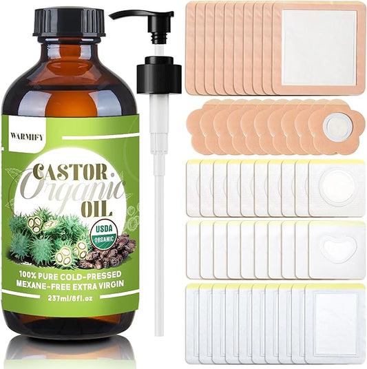 50 Pcs Castor Oil Patches with (8oz) Castor Oil Organic Cold Pressed Unrefined Glass Bottle,Cotton Caster Oil Pack Wrap for Waist Back Neck Arm Belly,Self-Adhesive Disposable for Convenient Use