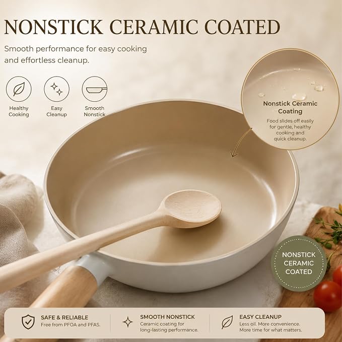 FIKA 9.5" Ceramic Coated Nonstick Frying Pan (24cm), Natural Wood Handle, Egg & Omelet Skillet for Sautéing and Everyday Cooking, All-Cooktop Compatible, Made in Korea