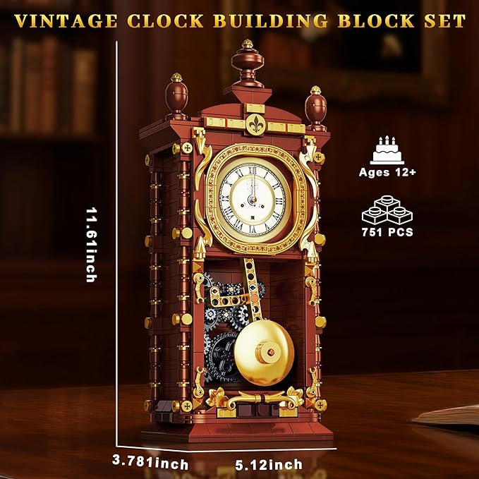 Vintage Retro Swing Clock Building Set, Pendulum Clocks Building Block Toys with Functional Mechanical Model Kit Compatible with Lego, Home Decor Gift for Adults Teens 14+ (751 PCS)