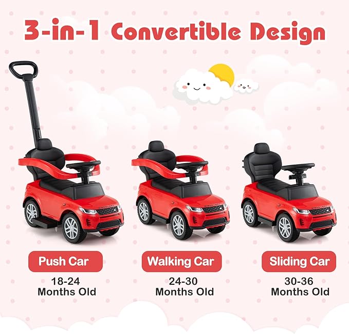 Costzon Push Car for Toddlers, 3 in 1 Land Rover Discovery Stroller Sliding Walking Car with Handle, Horn Sound, Underneath Storage, Armrest Guardrail, Foot-to-Floor Ride On Toy for Boys Girls (Red)