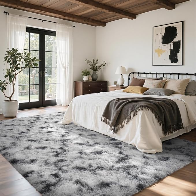 4x6 Ft Fuzzy Rugs for Living Room,Black and White Bedroom Area Rug Non-Slip,Carpet for Nursery Kids PlayRoom Indoor Modern Plush Carpets