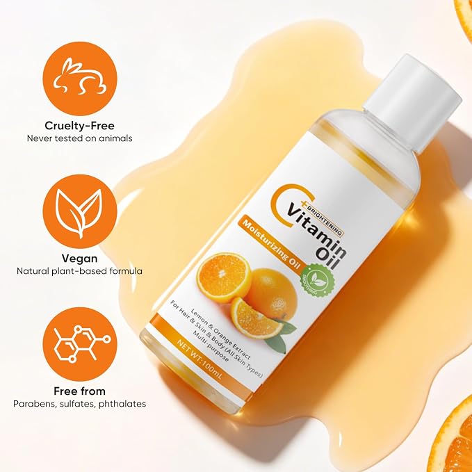 Vitamin C Oil with Squalane, Jojoba & Olive Oils - Hydrating Vitamin C Oil for Face & Body, Multi-Purpose Moisturizer with Natural Antioxidants, For Dry, Sensitive & All Skin Types, 3.38 Fl Oz