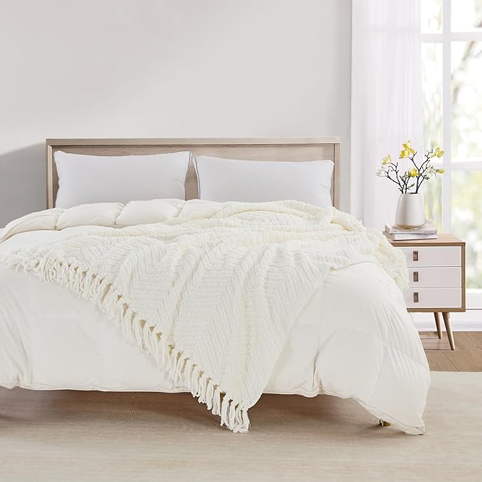 CREVENT 50"X60" Farmhouse Breathable Soft Chenille Knitted Textured Throw Blanket for Couch Chair Bed, Boho Home Decor for Living Room (Ivory)