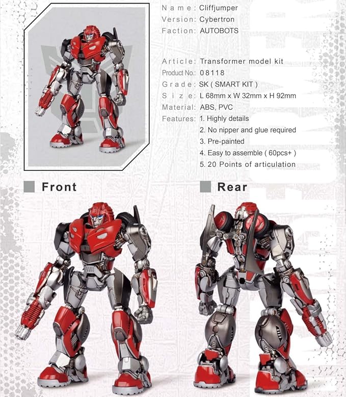 Transformers Cliffjumper Figure Model Kit – Cybertron Easy to Assemble 3D Articulated Action Pre Painted Collectible Series Toys Hobby 08118