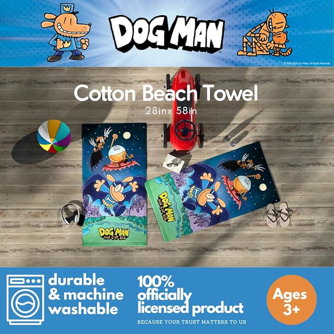Dog Man Supa Cop & Petey Book Kids Super Soft Cotton Bath/Pool/Beach Towel, 58 in x 28 in, (Offically Licensed Product) By Franco