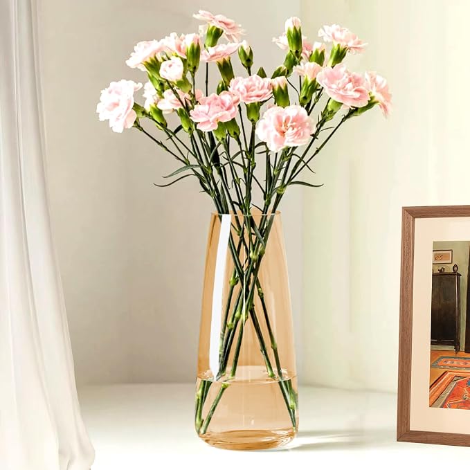 Aoderun Glass Vase for Flowers Modern Vases Home Decor Unique Flower Vase for Bouquet 8.7" Centerpiece Vase Decor Room,Bedroom,Living Room,Library,Office,Table,Entryway,Modern Farmhouse(Amber)