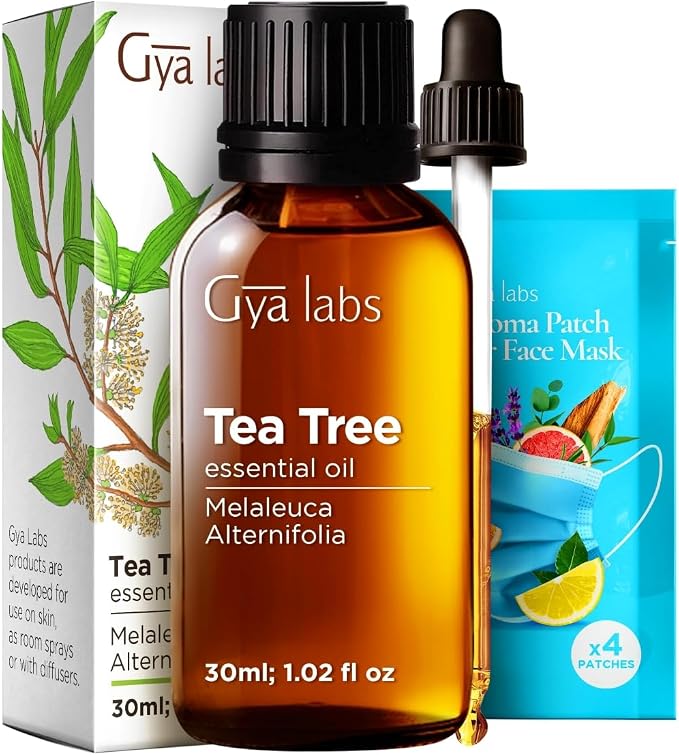 Gya Labs Breathe Aroma Stickers for Masks (5 Packs-60 Patches) & Tea Tree Oil for Skin (1 fl oz) Set - Aromatherapy Grade Essential Oils Set