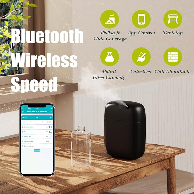 Hotel Scent Diffuser, Waterless Essential Oil Diffuser with Bluetooth Control, 400ml Capacity Aromatherapy Machine, Black, Wall Mount or Tabletop, Low Noise Operation, Covers up to 3000 Sq Ft