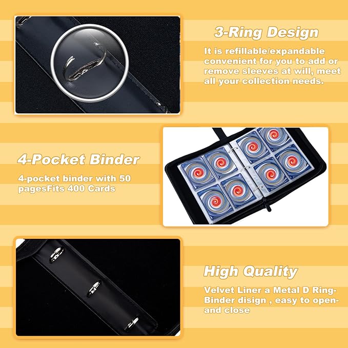 Jravkfi Card Binder 4 Pocket with 50 Removable Sleeves-Can Hold 400 Cards,3-Ring Zipper Sports Book is Gifts for Boys and Girls（Black）