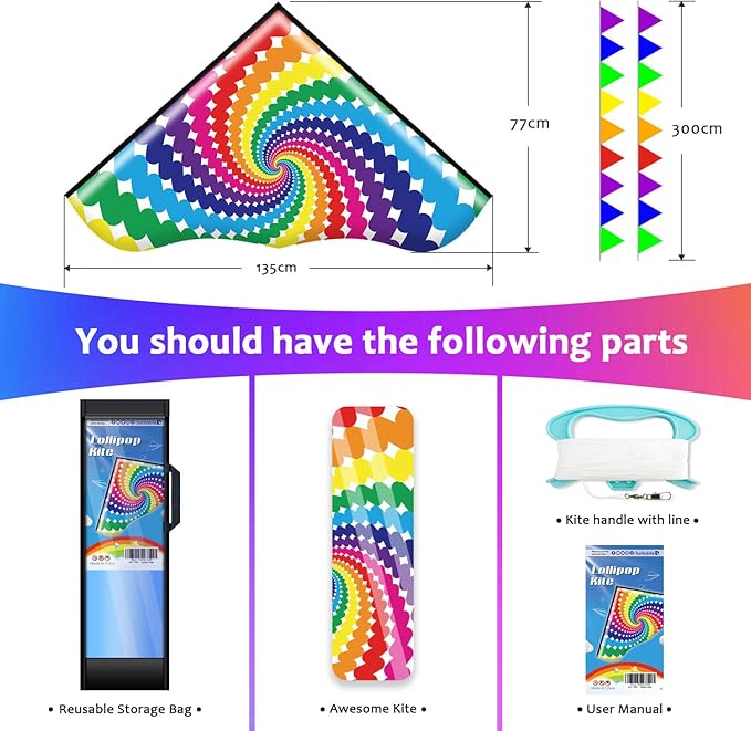 HONBO Large Delta Kite for Kids & Adults,Extremely Easy to Fly Kite for Beach Trip,String Line Included,with Colorful Tail,Perfect for Beginners