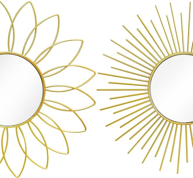 3 Pack Metal Mirrors for Wall Sunburst Wall Mirrors Home Décor Decorative Hanging Wall Art for Living Room Bedroom Entryway (Gold2, Flower+Sunburst)