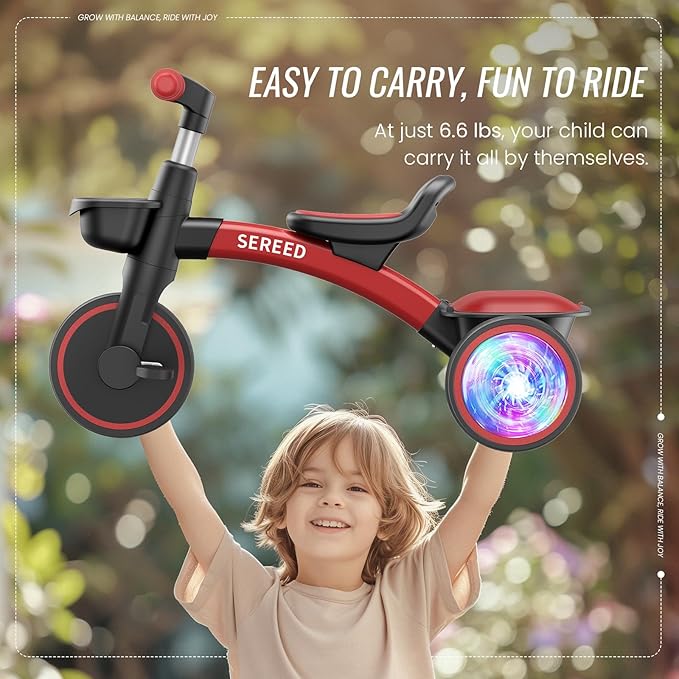 SEREED Colorful Lighting Toddler Tricycle for 2-5 Years Old Boys Girls, Adjustable Seat&Handlebar Trike, Removable Basket, Birthday Gift Idea for Kids Ages 2+ (Red Black)