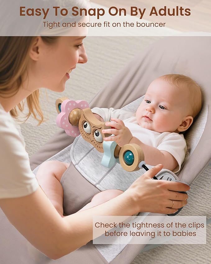 Baby Bouncer Toy Bar Wooden Compatible with Baby Bjorn Bouncer, Bouncer Toy Attachment, Tight and Secure Fit, So Fun to Watch, Touch and Spin for Babies All Ages (Wood Color Owl)