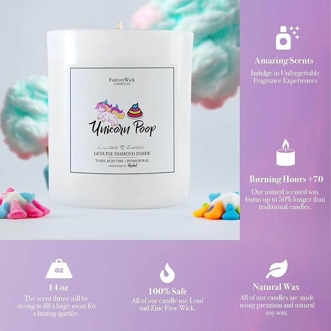 Unicorn Poop Cotton Candy Surprise Candle + Diamond Inside | Foreverwick Candles | Scented Soy Candles Gifts for Women Aromatherapy Candle | Birthday Candles All-Natural Organic Soy Candle 14oz | 70h