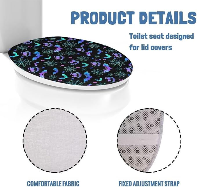 Toilet Seat Cover, Flannel Soft DustProof Toilet Lid Cover, Fits Most Most Round, Elongated and Oblong Toilet Lid Cover-Halloween Bat Design