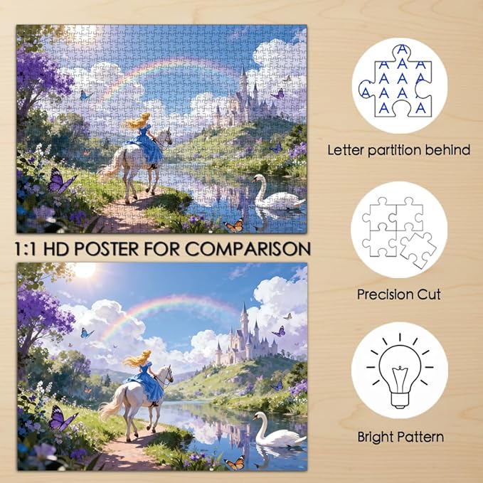 Puzzles for Adults 1000 Pieces - Fairy Tale Themed Colorful Jigsaw Puzzles, Fun Family Game, Challenging Brain Teaser, 28 x 20 in, Great Gift Idea & Home Decor (Princess and Castle)