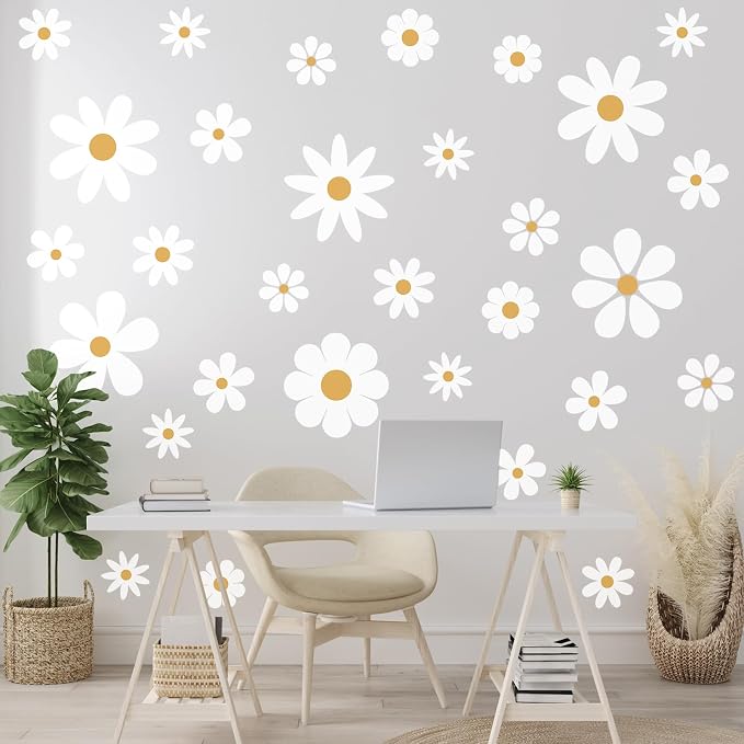 TaoBary 12 Sheet Daisy Wall Sticker Decal,White, Yellow,Classic Style | Big Flower Wall Sticker, Pink White Floral Decal, Daisy Bedroom Room Decor, Removable Peel and Stick, Nursery Home Wall Decor