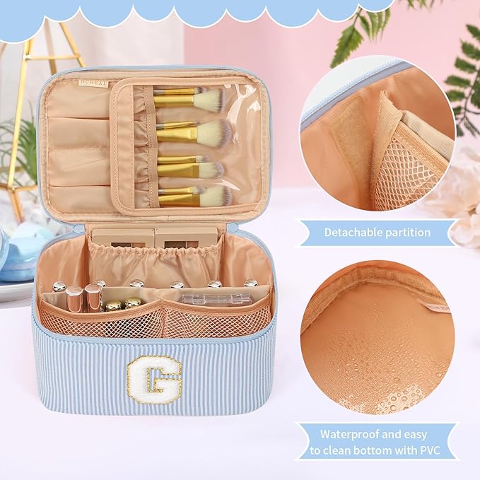 OCHEAL Makeup Bag Valentines Day Gifts for Women, Monogram Cosmetic Bag Blue Travel Makeup Case Beauty Toiletry Bag Organizer Personalized Gifts for Girls Bridesmaid, Sister, Wife, Friends Initial G