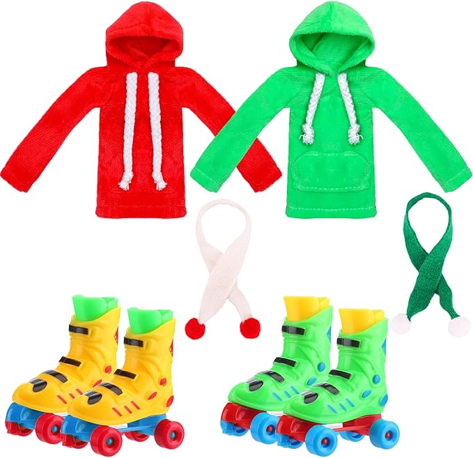 Meooeck 6 Pieces Christmas Accessories Set Including 2 Holiday Clothes Outfit, and 4 Novelty Toy Accessories for Kid(Roller Skates)