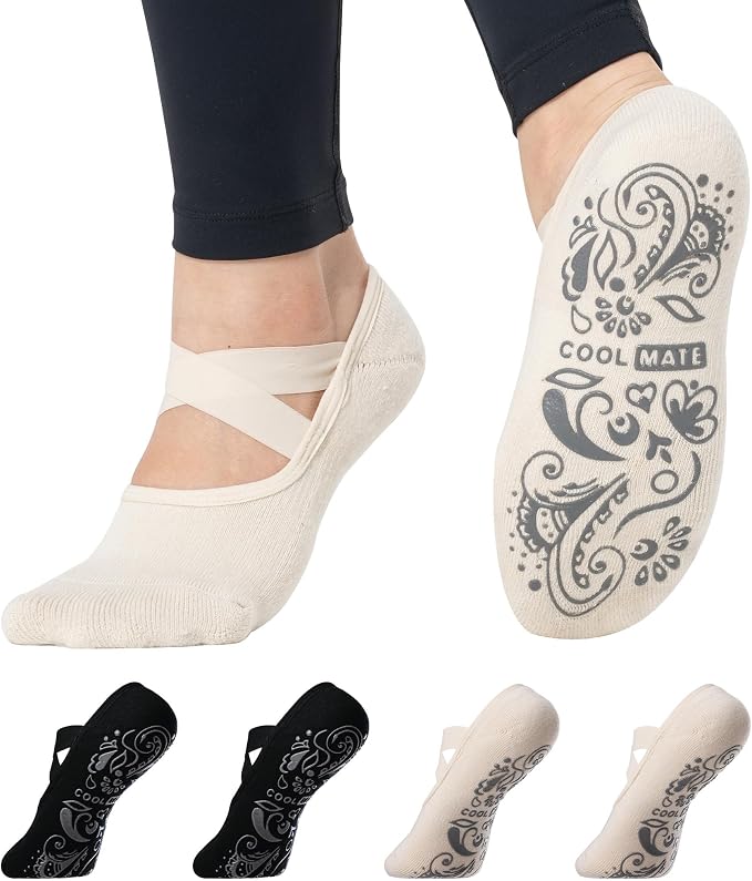 COOLMATE Pilates Socks with Grips for Women, Yoga Socks, Crew Non Slip Women for Barre, Pilates Gifts for Women